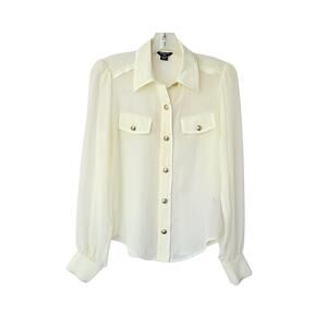 Sheer Button Down Long Sleeve Blouse - Cream - 2